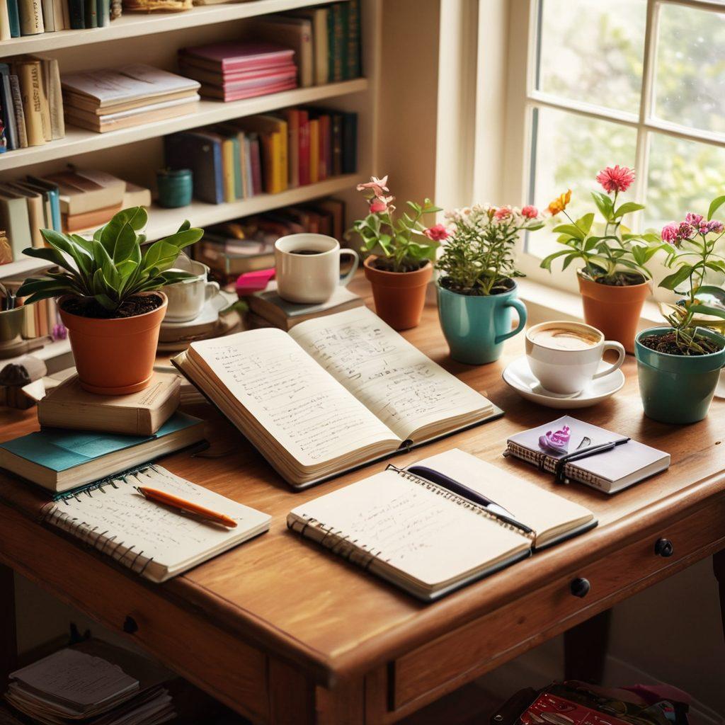 An artistic workspace filled with colorful stationery, an open notebook with hand-written notes, and a steaming cup of coffee beside a blooming plant. Soft natural light floods the scene, highlighting a creatively cluttered desk that inspires imagination. The background includes shelves filled with books on writing and creativity. warm and inviting colors. super-realistic. vibrant details.