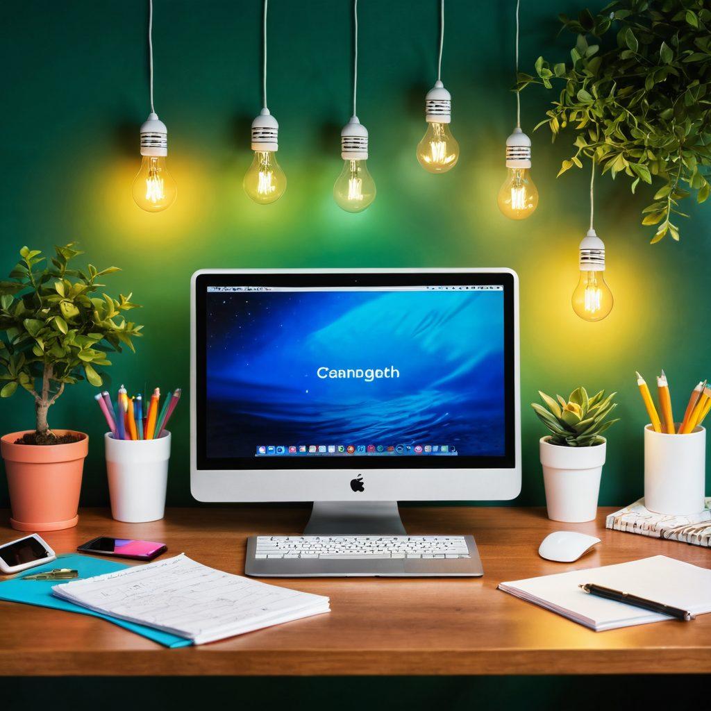 A whimsical workspace filled with vibrant stationery, a laptop displaying a digital blog, and a bright light bulb representing ideas. Include floating icons of articles, social media, and creativity surrounding the scene. The background should feature lush greenery to symbolize growth and potential. super-realistic. vibrant colors. bright and airy.