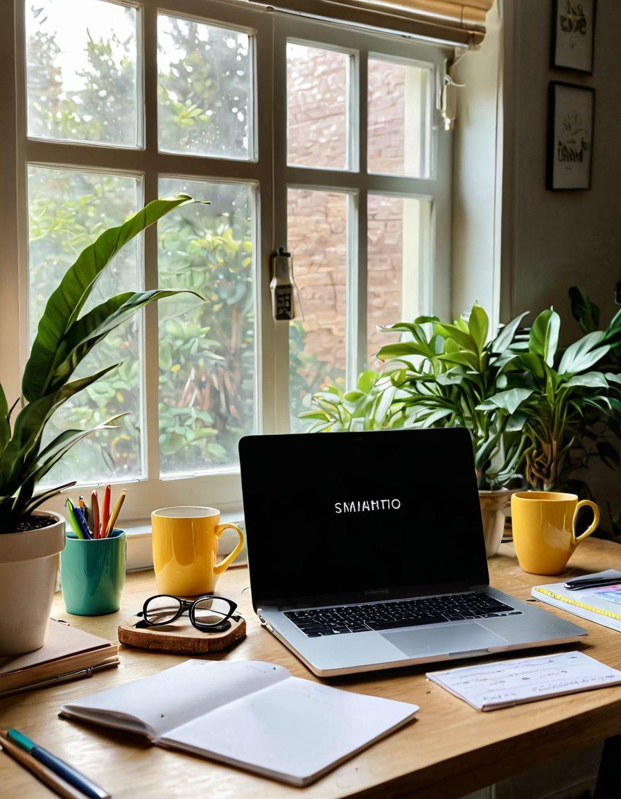 A vibrant desk setup showcasing a laptop open to a blog page filled with creative content ideas. Surrounding the laptop are colorful stationery, a cup of coffee, and inspirational quotes pinned on a corkboard. Sunlight streams through a window, creating a warm atmosphere that evokes creativity and productivity. The background features lush indoor plants to symbolize growth and inspiration. super-realistic. vibrant colors. cozy ambiance.